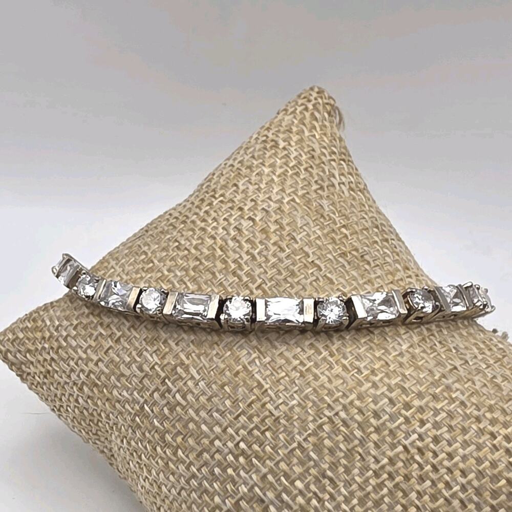 Sterling Silver Tennis Bracelet w/ Alternating Round & Baguette Cut CZ Stones